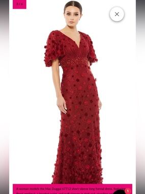 Mac Duggal Deep Red 3D Floral Embellished Long Sleeve Evening Gown
